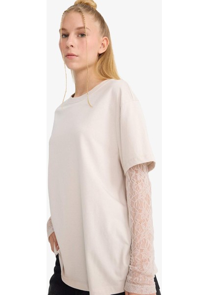 Coool Oversize Geniş Kalıp Bisiklet Yaka Dantel Detaylı Uzun Kollu Tişört E7605AX25AU