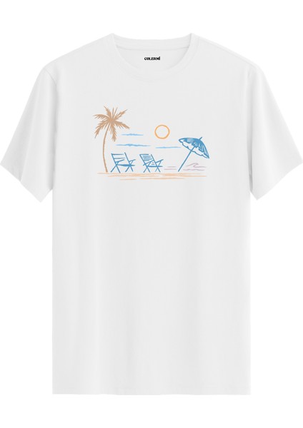 Palmiye Plaj Baskılı Yazlık Günlük Rahat Sokak Modası %100 Pamuk Tişört