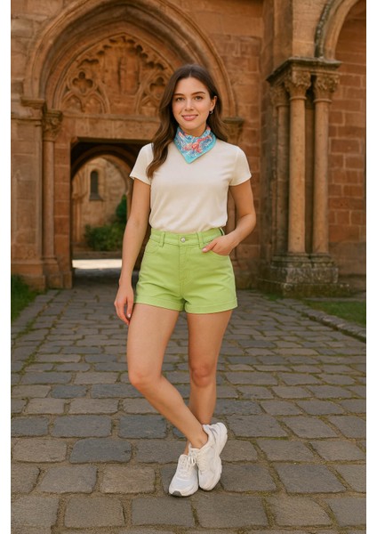 Kadın Paçası Katlı Jean Şort Yeşil