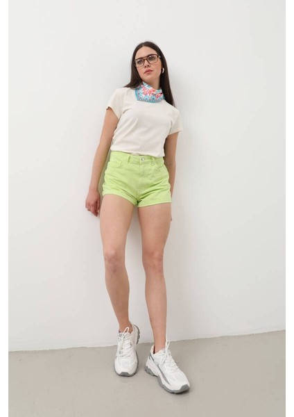 Kadın Paçası Katlı Jean Şort Yeşil modelleri