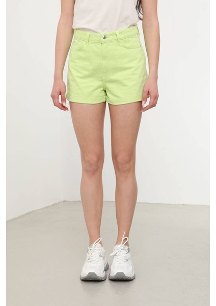Kadın Paçası Katlı Jean Şort Yeşil
