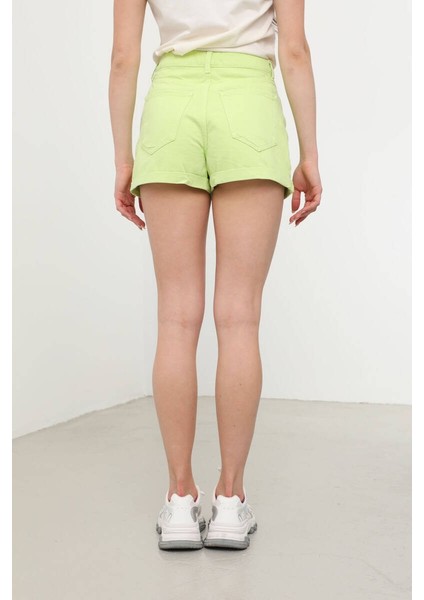 Kadın Paçası Katlı Jean Şort Yeşil