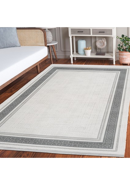 Gri Çerçeveli Etnik Modern Desenli Pamuk Makinada Yıkanabilir Hav Toz Vermez Leke Tutmayan Kaymaz Taban Dijital Makine Baskı Salon Yolluk Mutfak Halı modelleri