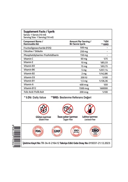 Kids Citicoline 250 mg + FOS 500 mg + Phosphotidylserine 150 mg + Vitamin Complex 150 ml Syrup modelleri