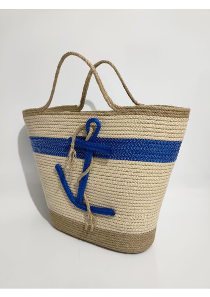 Handmade Kadın Omuz Çantası, Mavi Ekru El Yapımı Plaj Çantası, Hediyelik Çapa Desenli Çanta fiyatları