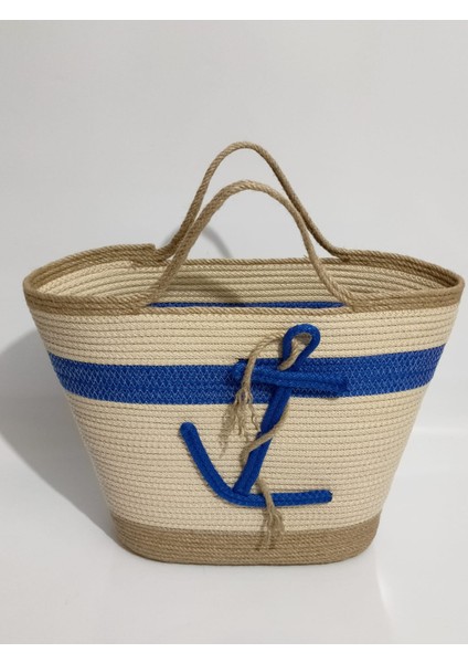 Handmade Kadın Omuz Çantası, Mavi Ekru El Yapımı Plaj Çantası, Hediyelik Çapa Desenli Çanta modelleri