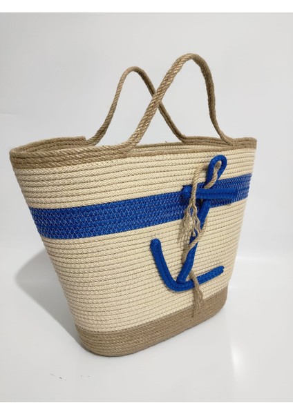 Handmade Kadın Omuz Çantası, Mavi Ekru El Yapımı Plaj Çantası, Hediyelik Çapa Desenli Çanta fırsatları