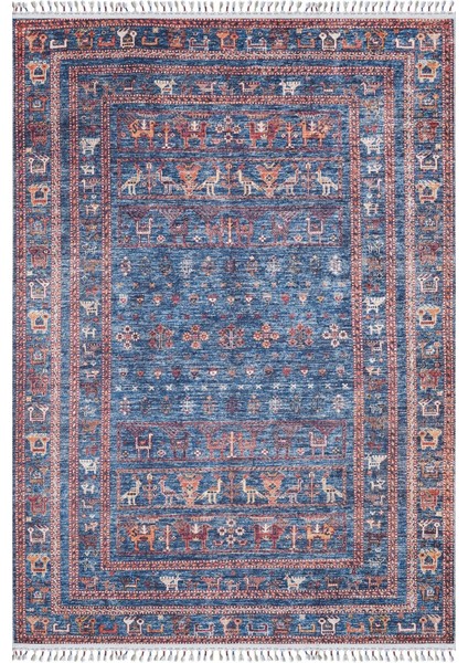 Milakowo Mavi Modern Etnik Desenli Makinada Yıkanabilir Hav Toz Vermez Leke Tutmayan Kaymaz Taban Dijital Makine Baskı Salon Yolluk Mutfak Halı