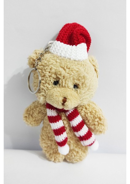 Kraft Kutulu Peluş Krem Yılbaşı Şapkalı Ayıcıklı Anahtarlık - 15 cm - Yılbaşı Hediyesi - Oyuncak