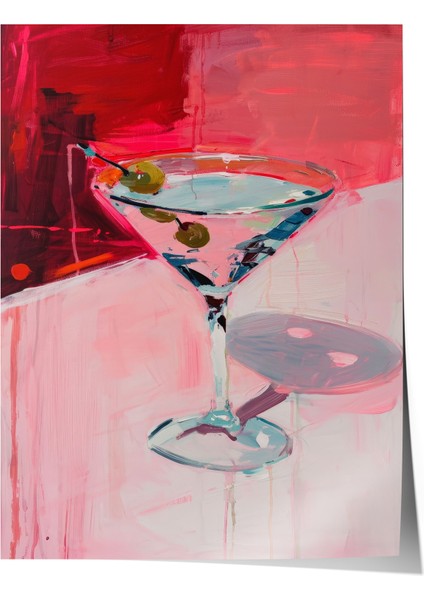Çerçevesiz Poster, Pembe Zeminli Kokteyl Bardak Çizimi, Mutfak Dekoru Poster No: 108018