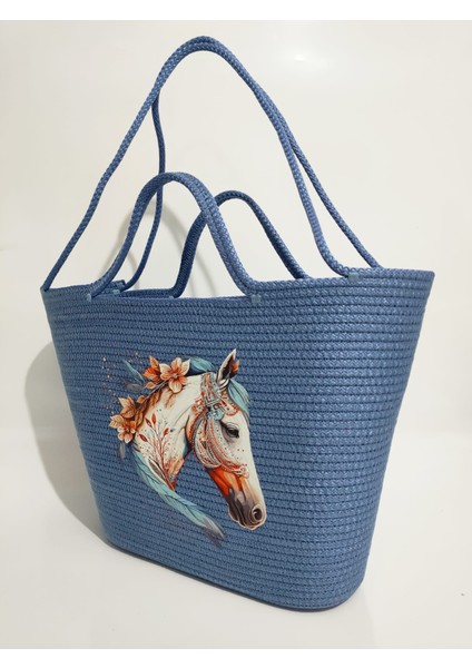 Beach Handmade Kadın Omuz Çantası, Kadın Plaj Kol Çantası, El Yapımı Mavi At Baskılı Hediyelik Çanta fiyatları