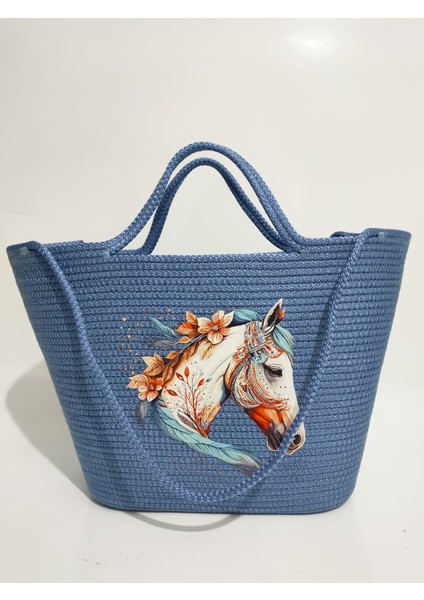 Beach Handmade Kadın Omuz Çantası, Kadın Plaj Kol Çantası, El Yapımı Mavi At Baskılı Hediyelik Çanta fırsatları