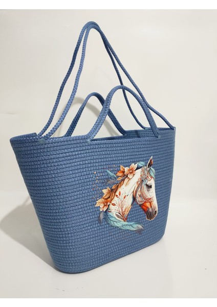 Beach Handmade Kadın Omuz Çantası, Kadın Plaj Kol Çantası, El Yapımı Mavi At Baskılı Hediyelik Çanta indirimleri