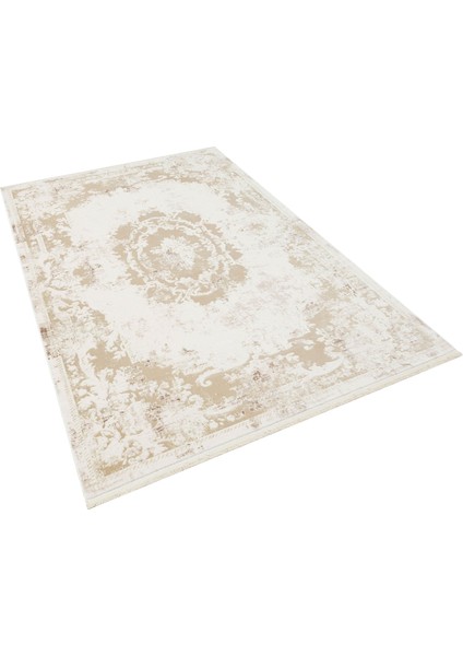 Priyan Ekru Göbekli Etnik Modern Desenli Viskon Hav Vermeyen Leke Tutmayan Kolay Temizlenen Yumuşak Makine Salon Yolluk Mutfak Halı