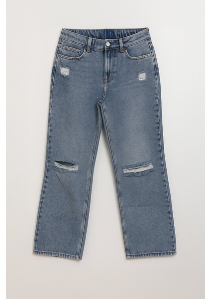 Kadın Yüksek Bel Wide Leg Yırtık Detaylı Buz Mavisi Jean Pantolon