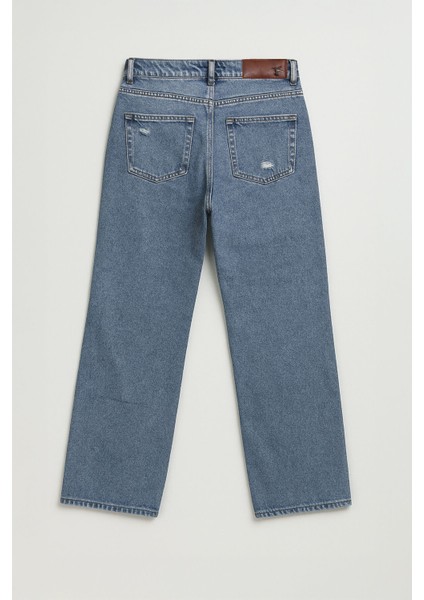 Kadın Yüksek Bel Wide Leg Yırtık Detaylı Buz Mavisi Jean Pantolon fiyatları