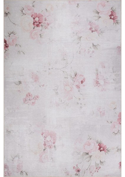 Ely Çiçekli Pembe Polyester Dikdörtgen Modern Desenli Pamuk Makinada Yıkanabilir Hav Toz Vermez Leke Tutmayan Kaymaz Taban Dijital Makine Baskı Salon Yolluk Mutfak Halı