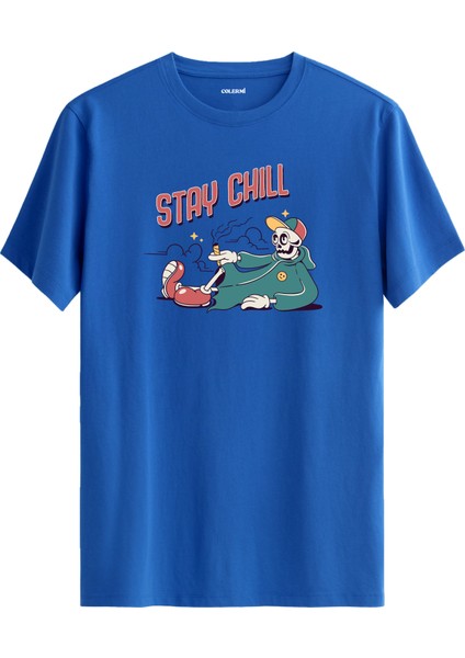 Stay Chill Iskelet Karakter Baskılı Sokak Stili %100 Pamuk Tişört