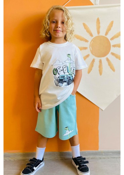 Erkek Çocuk Şortlu Takım Maceracı Dinozor Baskılı 2-6 Yaş, Beyaz