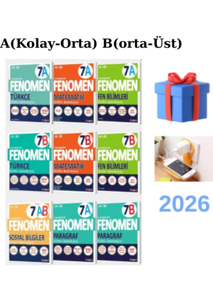 Fenomen 2025-2026 7.sınıf Tür-Mat-Fen-Sosyal-Paragraf 9'lu A(TEMEL-ORTA)+B(ORTA-İLERİ SEVİYE) Full Set Priz Tutuculu fiyatları