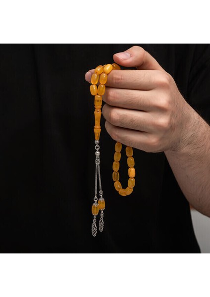 Sıkma Kehribar 925 Ayar Gümüş Tesbih