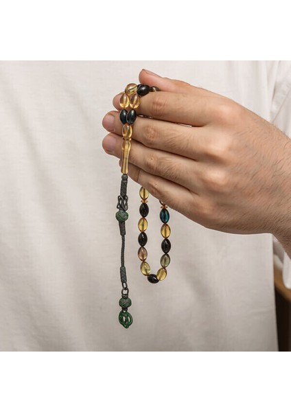 Sıkma Kehribar Kazaz Püsküllü 1000 Ayar Gümüş Tesbih