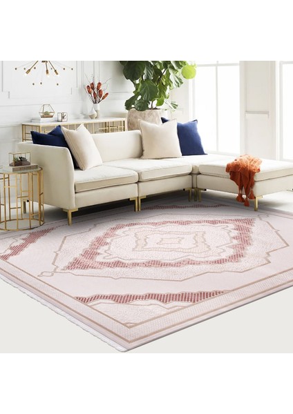 Mckinley Çerçeveli Pembe Akrilik Dikdörtgen Modern Desenli Akrilik Hav Vermeyen Leke Tutmayan Kolay Temizlenen Yumuşak Makine Salon Yolluk Mutfak Halı fiyatları
