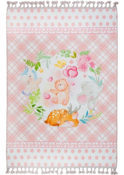 Alphen Çocuk Pembe Polyester Dikdörtgen Modern Desenli Pamuk Makinada Yıkanabilir Hav Toz Vermez Leke Tutmayan Kaymaz Taban Dijital Makine Baskı Salon Yolluk Mutfak Halı