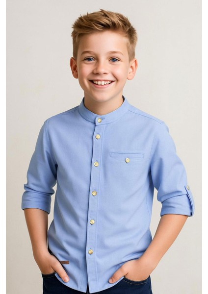Girls & Boys Erkek Çocuk Gömlek Armalı Düğmeli 3-7 Yaş, Açık Mavi