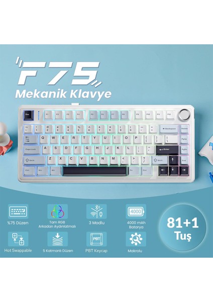 F75 Mekanik RGB TKL Reaper Switch Kablosuz Makrolu Hot Swap Klavye Lacivert' fırsatları