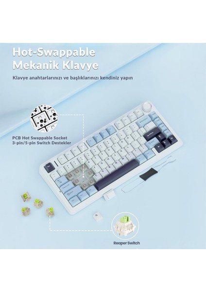 F75 Mekanik RGB TKL Reaper Switch Kablosuz Makrolu Hot Swap Klavye Lacivert'