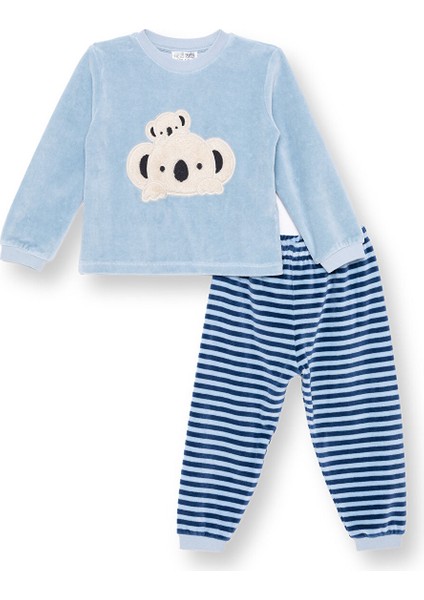 Erkek Bebek Kadife Pijama Takımı Bisiklet Yaka Uzun Kol Ribanalı Paça