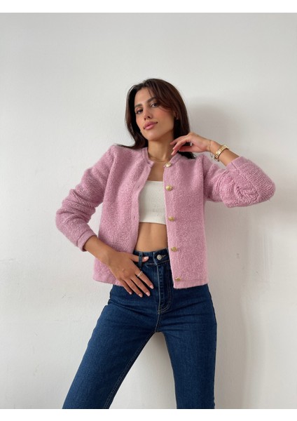 HRK0003 Kadın Teddy Peluş Havlu Örgü Gold Düğmeli Triko Hırka