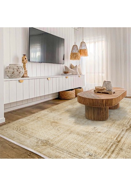 Bej Klasik Etnik Modern Desenli Pamuk Makinada Yıkanabilir Hav Toz Vermez Leke Tutmayan Kaymaz Taban Dijital Makine Baskı Salon Yolluk Mutfak Halı modelleri