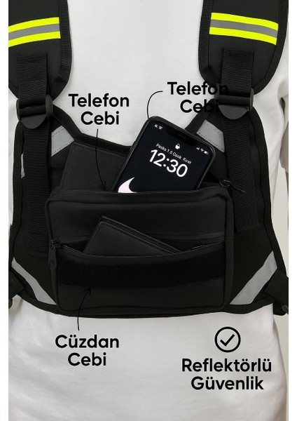 Reflektörlü Motorcu Göğüs Çantası – Su Geçirmez, Çok Cepli Yeni Nesil