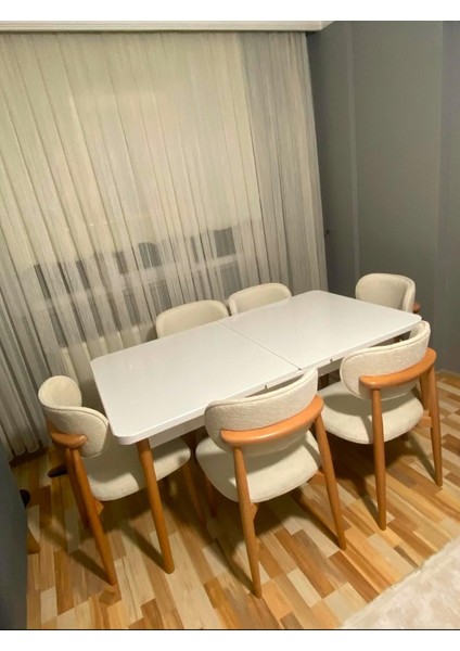 Ligna Beyaz 80X132 Açılabilir Mdf Masa Yemek Odası Takımı, Mutfak Takımı 6 Adet Sandalye