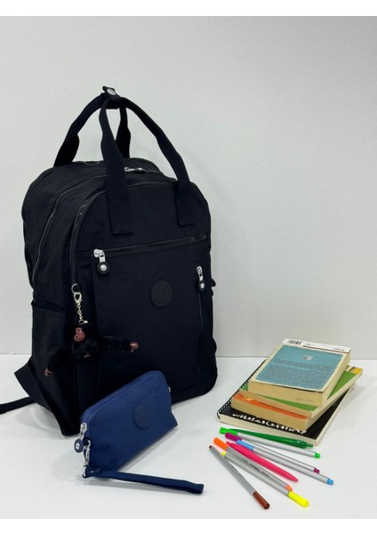 Unisex Suya Dayanıklı Krinkıl Kumaş Sırt Çantası ve Cüzdan Tipi Askılı Kalemlik