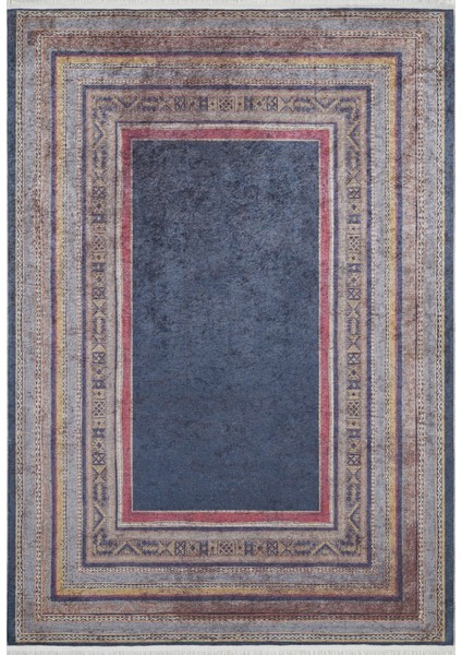 Sialkot Lacivert Çerçeveli Etnik Modern Desenli Makinada Yıkanabilir Hav Toz Vermez Leke Tutmayan Kaymaz Taban Dijital Makine Baskı Salon Yolluk Mutfak Halı