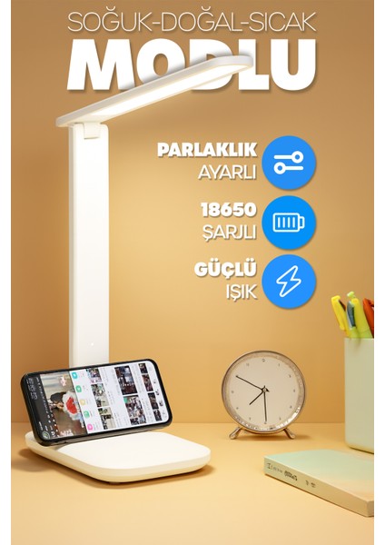 Şarjlı Masa Lambası 3 Renk Dokunmatik Telefon Standlı Kademeli Çalışma Okuma Işığı Gece Lambası 9W