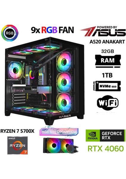 Sword X32 Ryzen 7 5700X 32GB Ram 1tb M.2 Nvme SSD 8gb RTX4060 Sıvı Soğutmalı Oyuncu Hazır Sistem