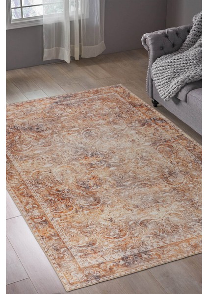 Cape Vidal Eskitme Turuncu Polyester Dikdörtgen Modern Desenli Pamuk Makinada Yıkanabilir Hav Toz Vermez Leke Tutmayan Kaymaz Taban Dijital Makine Baskı Salon Yolluk Mutfak Halı