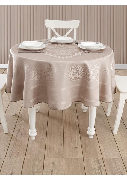 Pano Jakarlı Caramel Yuvarlak Masa Örtüsü