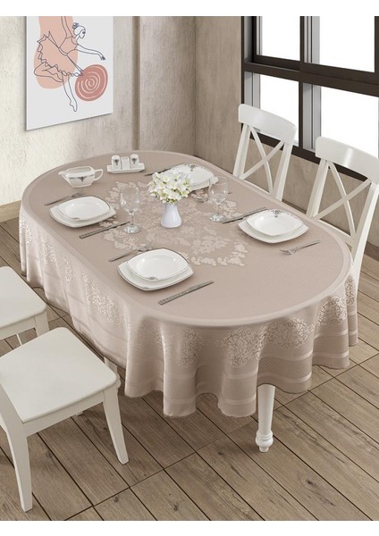 Pano Jakarlı Caramel Oval Masa Örtüsü modelleri