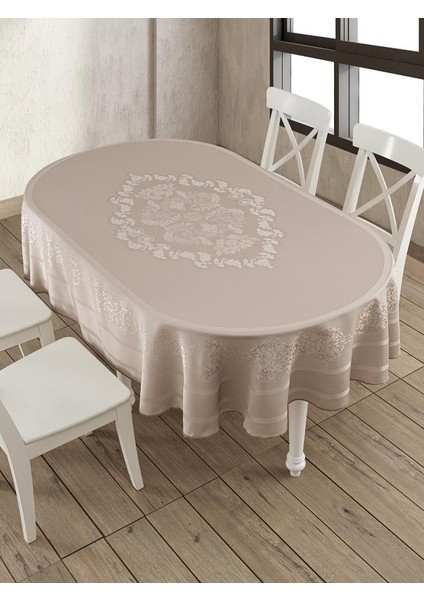 Pano Jakarlı Caramel Oval Masa Örtüsü