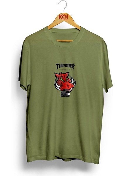 Thrasher Baskılı / Erkek Haki Yeşil Renk T-Shirt / %100 Pamuk Premium Quality / Regular Fit