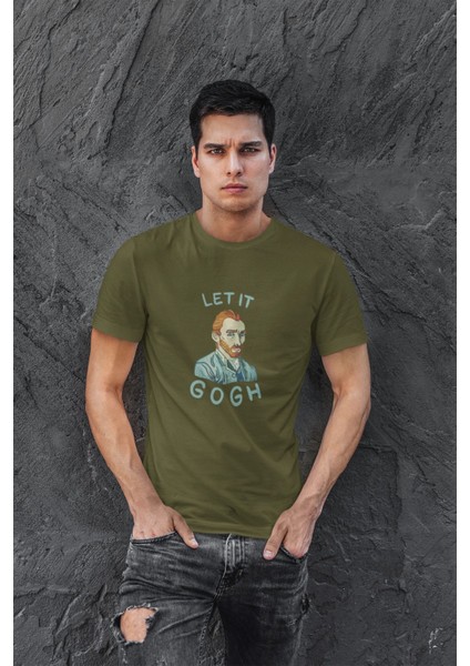 Let It Gogh Baskılı / Erkek Haki Yeşil Renk T-Shirt / %100 Pamuk Premium Quality / Regular Fit