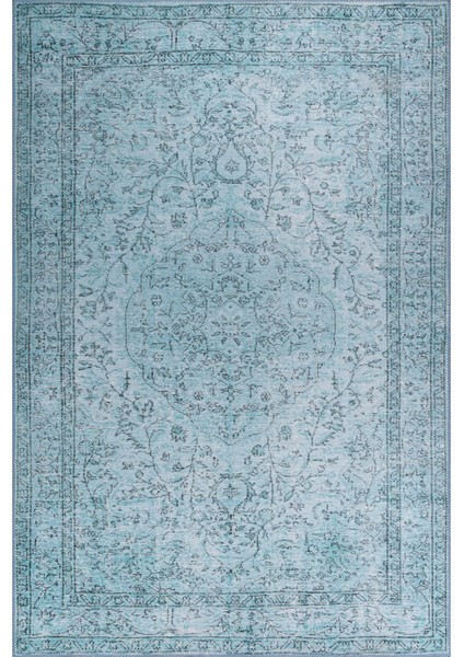 Lisburn Klasik Turkuaz Polyester Kare Modern Desenli Pamuk Makinada Yıkanabilir Hav Toz Vermez Leke Tutmayan Kaymaz Taban Dijital Makine Baskı Salon Yolluk Mutfak Halı