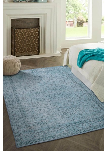 Lisburn Klasik Turkuaz Polyester Kare Modern Desenli Pamuk Makinada Yıkanabilir Hav Toz Vermez Leke Tutmayan Kaymaz Taban Dijital Makine Baskı Salon Yolluk Mutfak Halı fiyatları