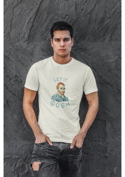 Let It Gogh Baskılı / Erkek Ekru Renk T-Shirt / %100 Pamuk Premium Quality / Regular Fit