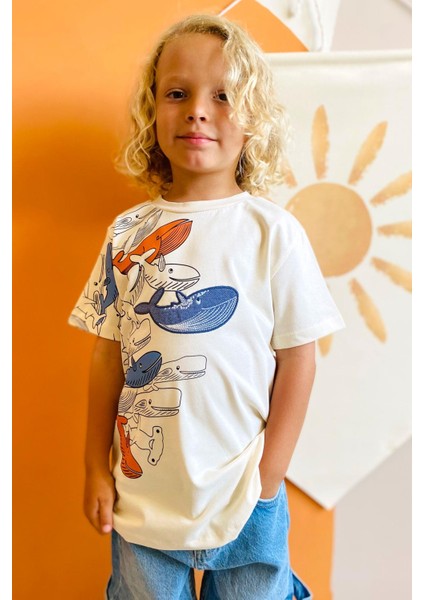 Erkek Çocuk Tişört Mavi Dünyanın Kahramanları Balinalar 5-9 Yaş, Krem modelleri